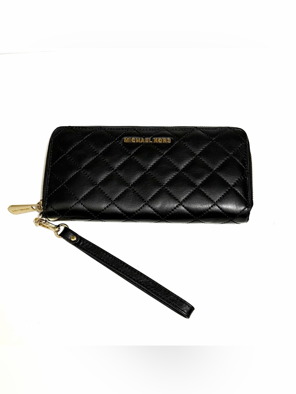 Michael Kors Black Quilted Zip-Around Wristlet Wallet with Gold Hardware